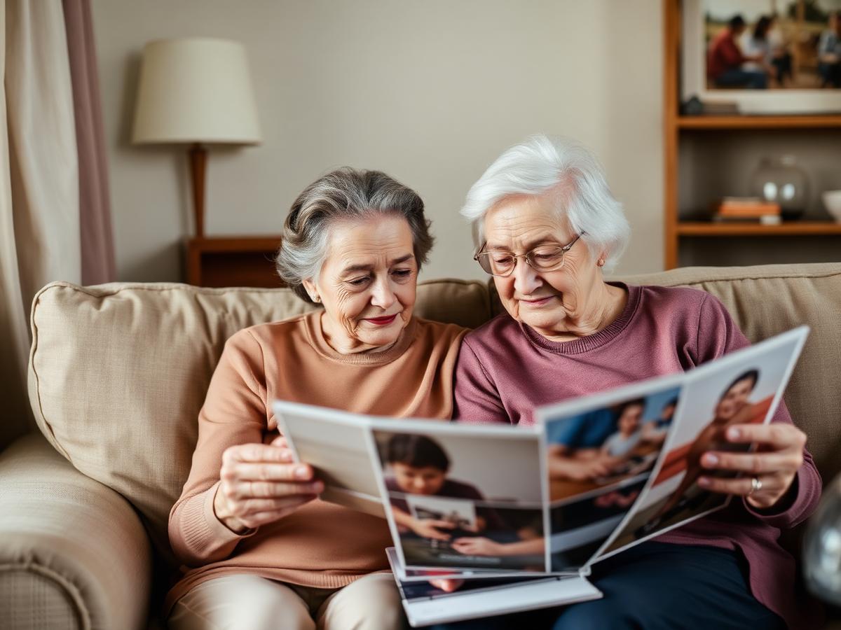 caregiver holding hands with a client while looking at a photo album